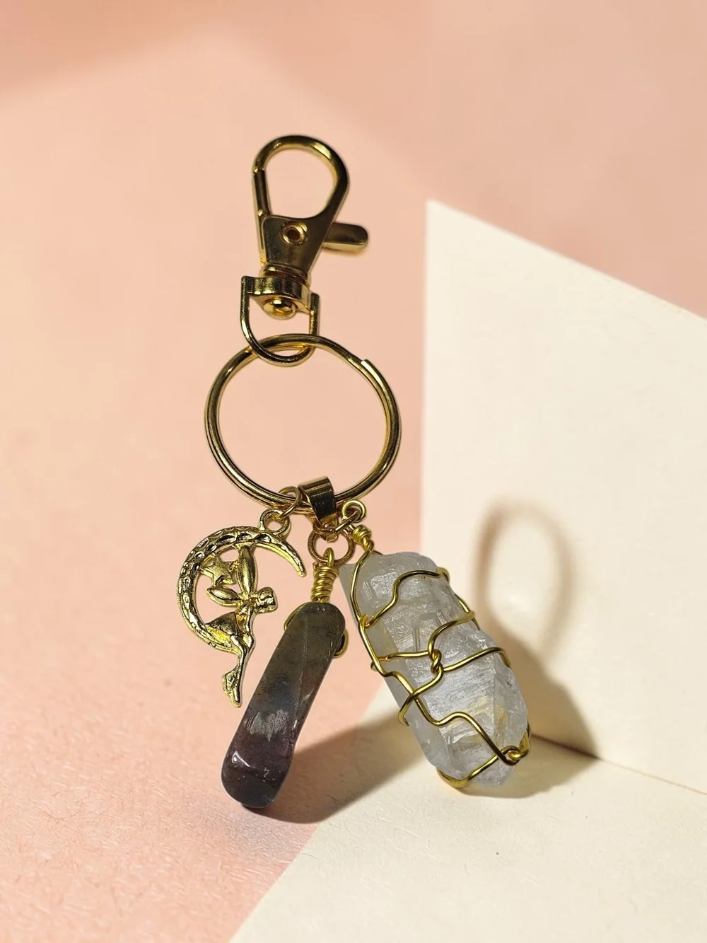 Gold-Tone Crystal Charm Keychain with Moon Pendant - Clear & Brown Crystals
